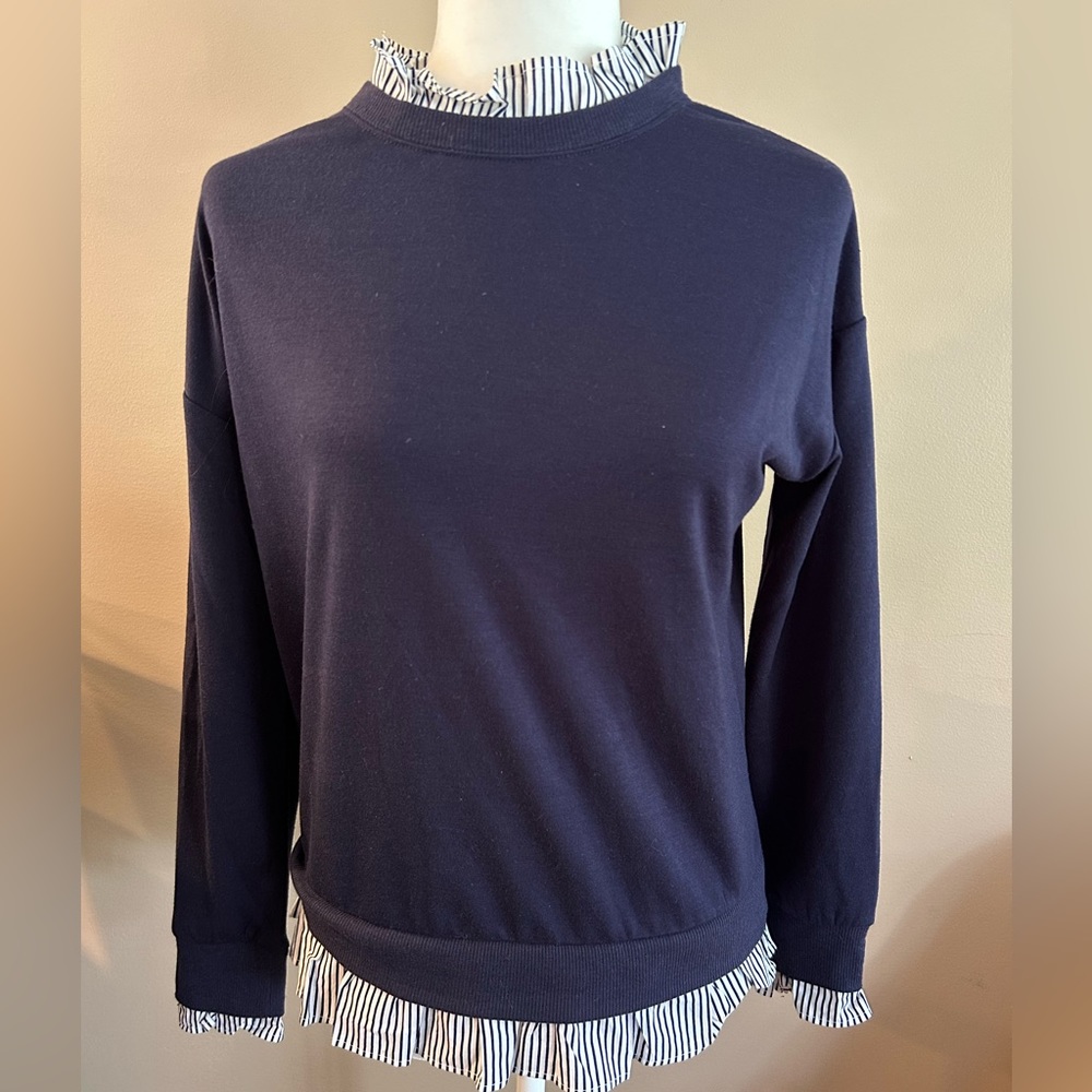 Olivia Warren Navy Blue Twofer Sweater with Stripe Detail, Size S